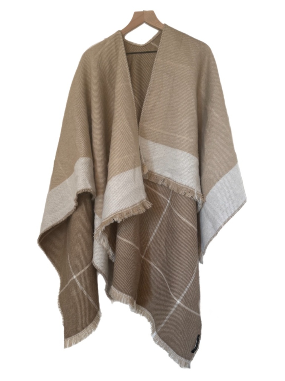Banana Republic Beige and Cream Fringed Plaid Reversible Poncho Shawl One Size